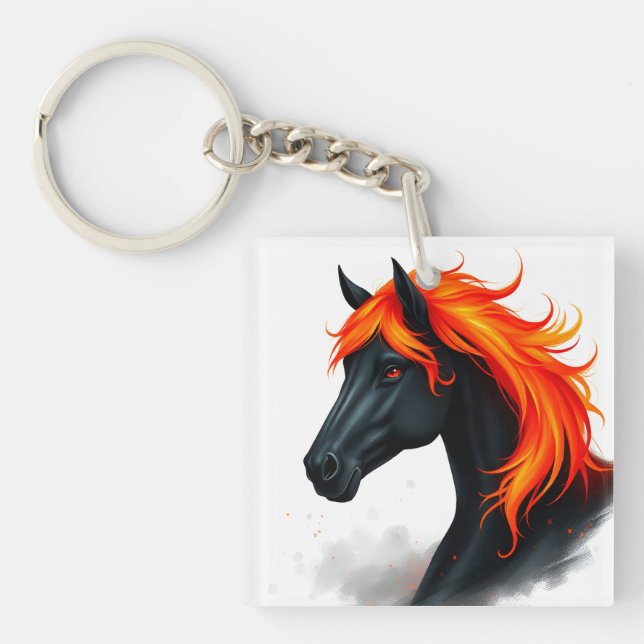Black Horse With Fiery Red Mane Keychain (Front)