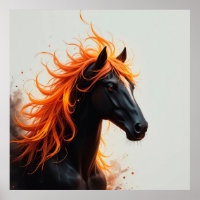 Black Horse with Flowing Fiery Orange Mane