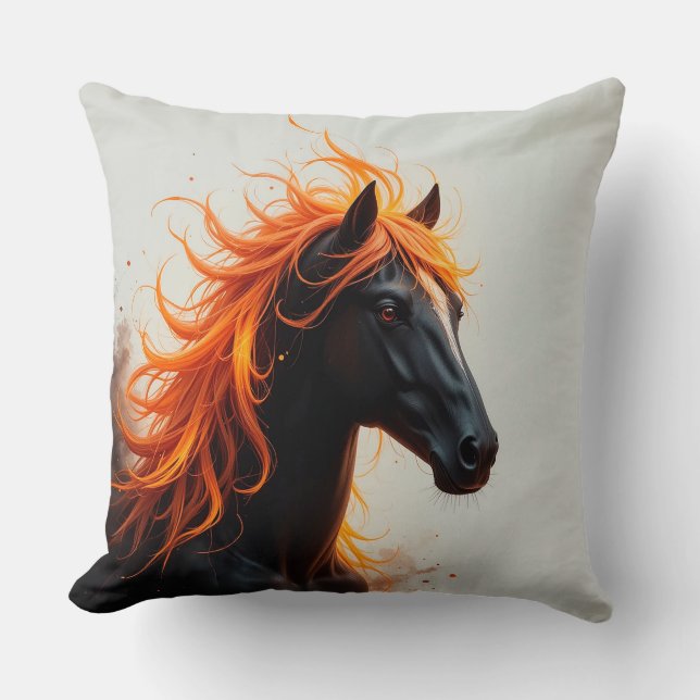 Black Horse with Flowing Fiery Orange Mane Throw Pillow (Front)
