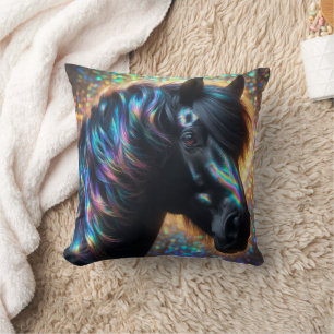 Black Horse with Iridescent Mane Throw Pillow