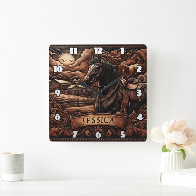 Black Horse With Saddle Near Barn at Rodeo Square Wall Clock (Home)