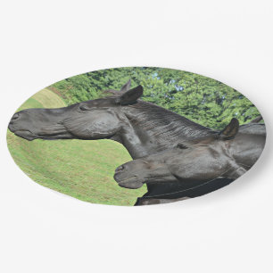 Black Horses in Sunlit Field Paper Plate