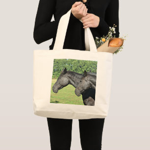Black Horses in Sunlit Meadow Large Tote Bag