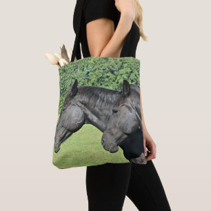 Black Horses in Sunlit Meadow Tote Bag