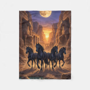 Black Horses Running Through Ancient Rocky Valley Fleece Blanket
