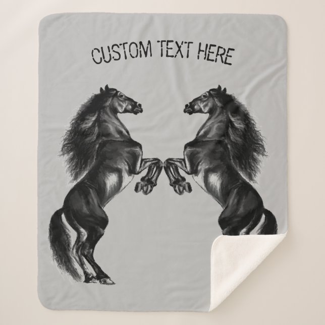 Black Horses Sherpa Blanket with Custom Text (Front)