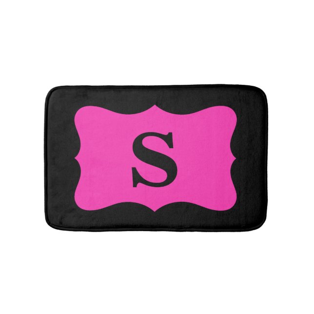 Black Hot Fuchsia Pink Monogram Initial Home Bath Mat (Front)