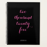 Black Hot Pink 2025 Two Thousand Twenty Five Planner<br><div class="desc">Minimalist black and hot pink personalized text.
The typography can be changed to read a year other than "two thousand twenty five".
Update or customize it for another year or purpose.
Her name is in a modern all caps font style.
Customize the colours to black and white.</div>