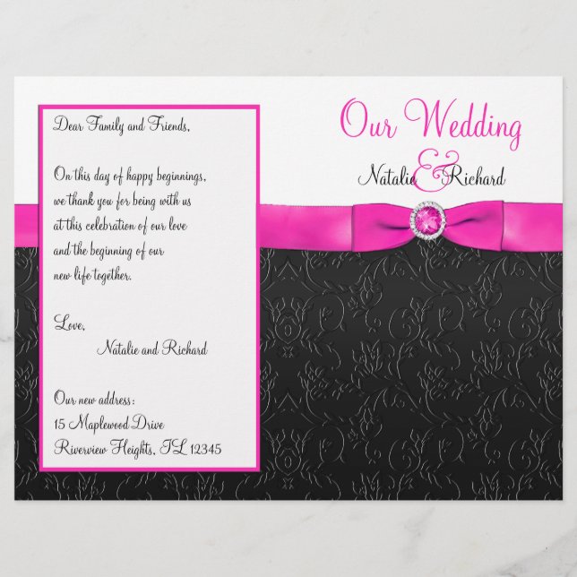 Black, Hot Pink, and White Wedding Program (Front)