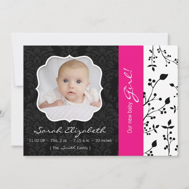 Black & Hot Pink Birth Announcement (Front)