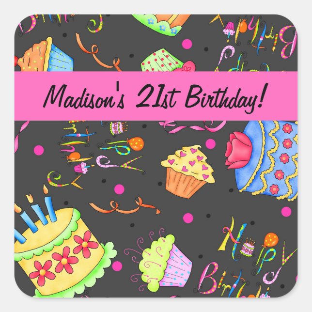 Black Hot Pink Cake 21st Birthday Celebration Square Sticker (Front)