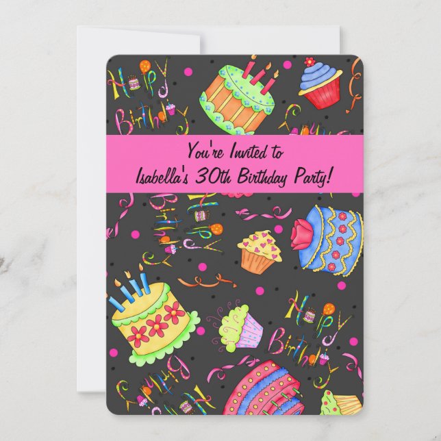 Black Hot Pink Cake 30th Birthday Invitation (Front)