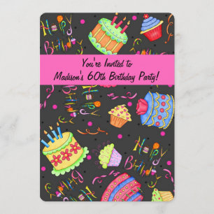 Black Hot Pink Cake 60e anniversaire Invitation