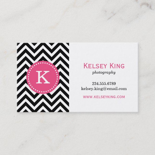 Black & Hot Pink Chevron Custom Monogram Business Card (Front)