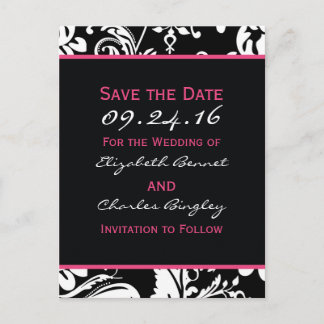 Black & Hot Pink Contemporary Save the Date Wide Announcement Postcard