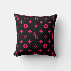 Black + Hot Pink Custom Initial Monogram Pattern Throw Pillow