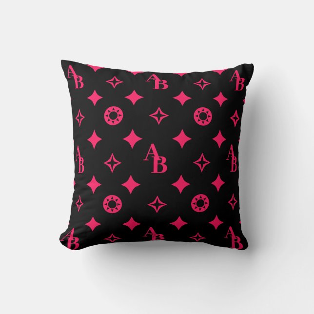 Black + Hot Pink Custom Initial Monogram Pattern Throw Pillow (Front)