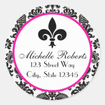Black &Hot Pink Damask Fleur De Lys Address Label