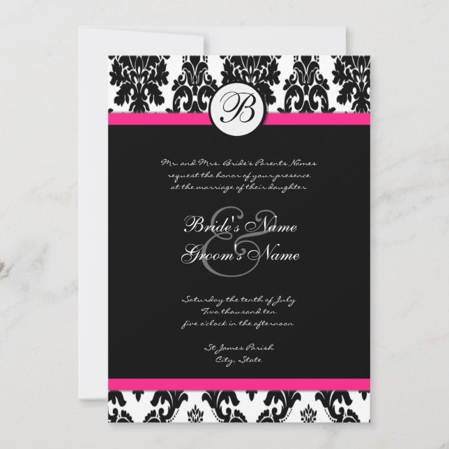 Black Hot Pink Damask Wedding Invitation (Front)