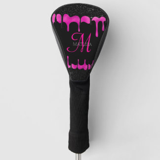 Black & Hot Pink Drip Glitter Monogram Name Golf Head Cover
