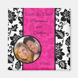 Black/Hot Pink Floral Damask Announcement Magnet