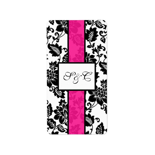 Black/Hot Pink Floral Damask Wedding Candy Wrapper Label (Front)