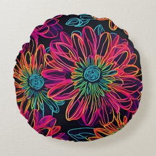 Black Hot Pink Flower Round Pillow