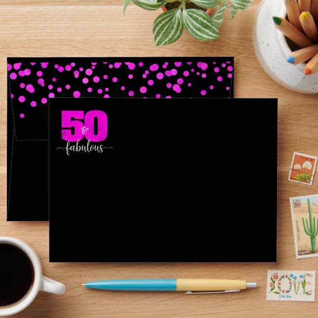 Black hot pink foil dots 50 and fabulous birthday envelope (Desk)