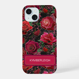 Black Hot Pink Glam Roses Marble Monogram Name iPhone 15 Case