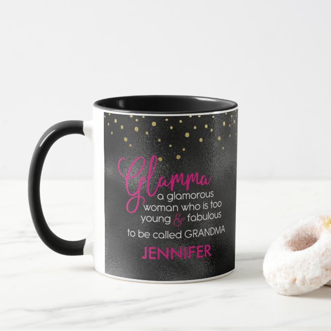 Black Hot Pink Gold Glamma Grandmother Personalize Mug (With Donut)