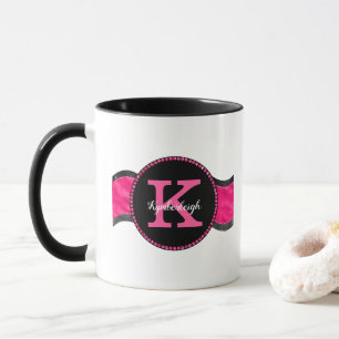 Black Hot Pink Gray Waves Girly Glam Monogram Name Mug