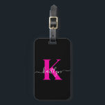 Black Hot Pink Initial Name Monogrammed Luggage Tag<br><div class="desc">This simple, elegant black luggage tag with your first name in a trendy script font in white typed over your first initial in a modern cap font in hot pink on one side and a slide in card for your name, address and phone number on the other would look fabulous...</div>