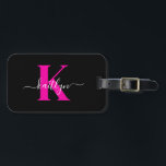 Black Hot Pink Initial Name Monogrammed Luggage Tag<br><div class="desc">This simple, elegant black luggage tag with your first name in a trendy script font in white typed over your first initial in a modern cap font in hot pink on one side and a slide in card for your name, address and phone number on the other would look fabulous...</div>