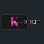 Black Hot Pink Initial Name Monogrammed Luggage Tag<br><div class="desc">This simple, elegant black luggage tag with your first name in a trendy script font in white typed over your first initial in a modern cap font in hot pink on one side and your name, address and phone number on the other would look fabulous on your suitcases. It's stylish...</div>
