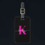 Black Hot Pink Initial Name Monogrammed Luggage Tag<br><div class="desc">This simple, elegant black tag with your first name in a trendy script font in white typed over your first initial in a modern cap font in hot pink on one side and your name, address and phone number on the other would look fabulous on your suitcases. It's stylish and...</div>