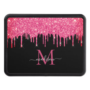Black Hot Pink Magenta Glitter Dripping Monogram Trailer Hitch Cover