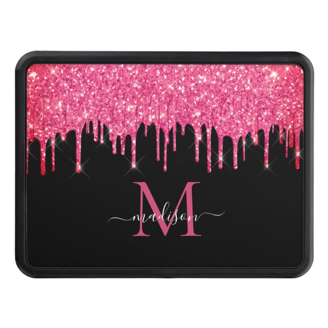 Black Hot Pink Magenta Glitter Dripping Monogram Trailer Hitch Cover (Front)