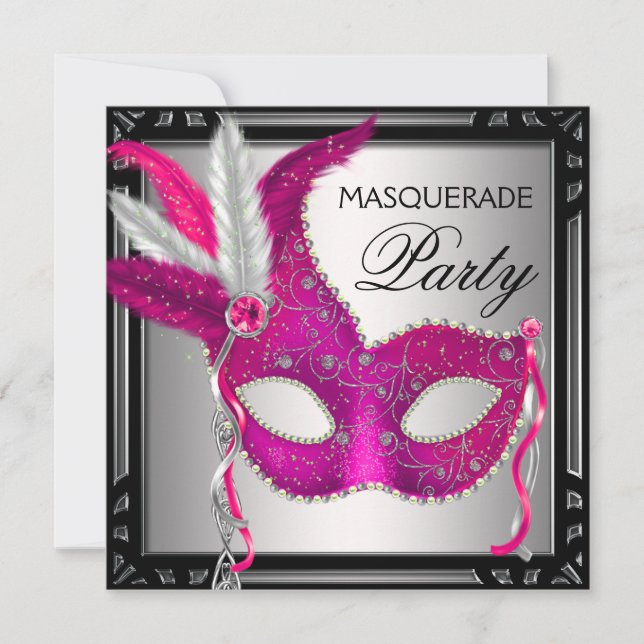 Black Hot Pink Mask Hot Pink Masquerade Party Invitation (Front)