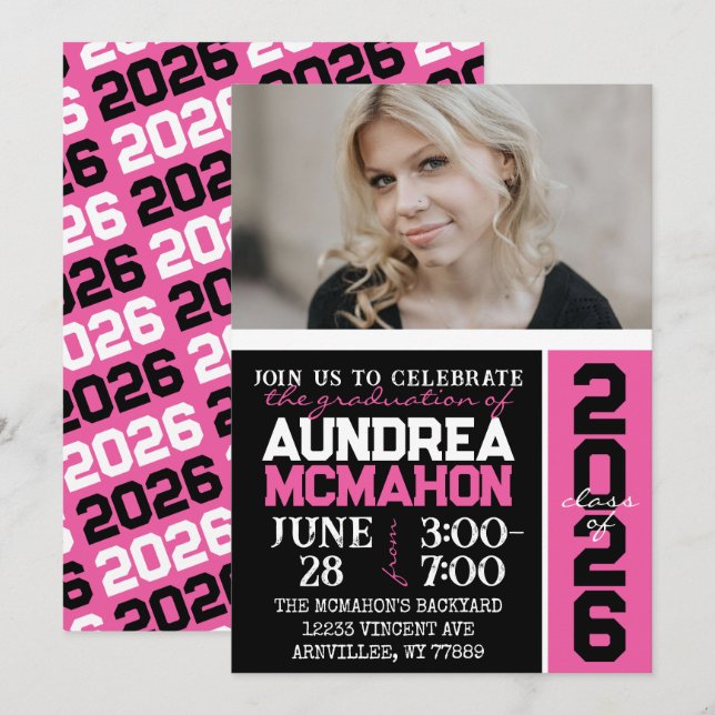 Black & Hot Pink Modern Graduation Photo Invitation (Front/Back)