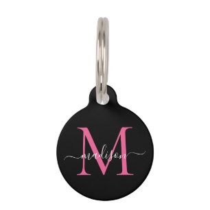Black Hot Pink Monogram Feminine Script Name Pet Tag