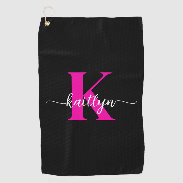 Black Hot Pink Monogram Golf Towel (Front)