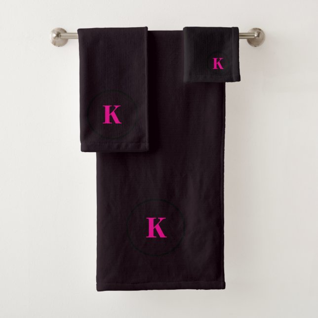 Black Hot Pink Monogram Initial Modern Custom 2026 Bath Towel Set (Insitu)