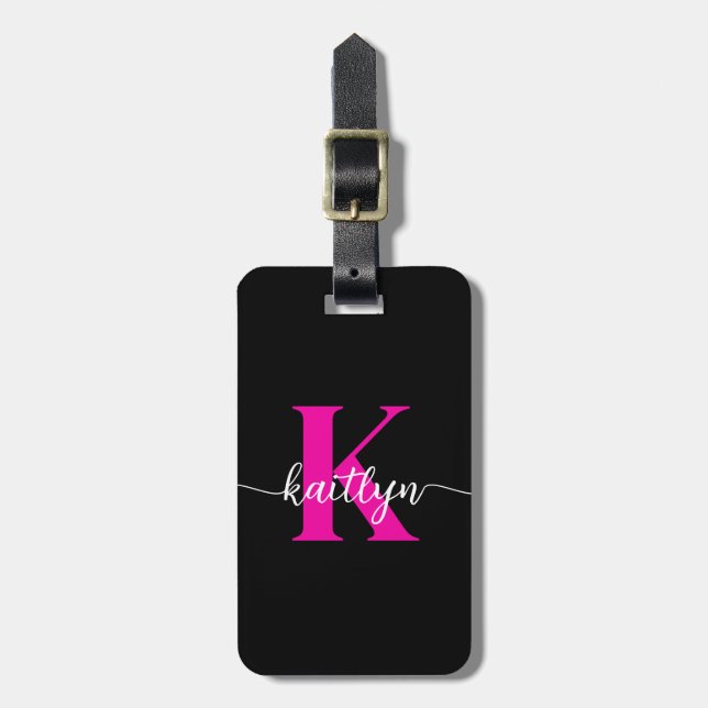 Black Hot Pink Monogram Luggage Tag (Front Vertical)