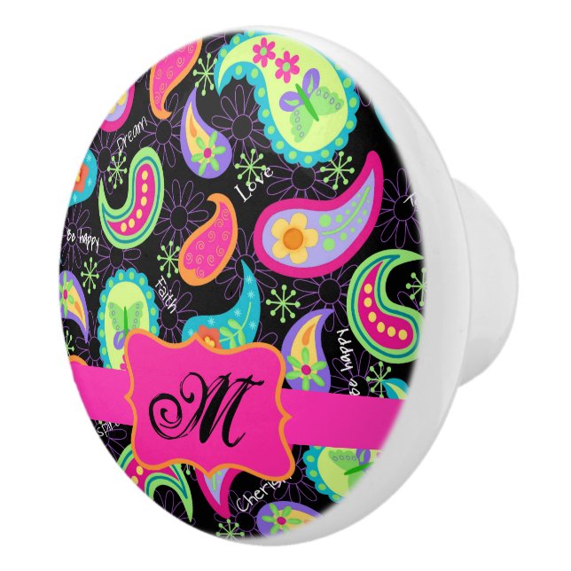 Black Hot Pink Monogram Personalized Mod Paisley Ceramic Knob (Right)
