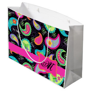 Black Hot Pink Monogram Personalized Mod Paisley Large Gift Bag