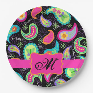 Black Hot Pink Monogram Personalized Mod Paisley Paper Plate