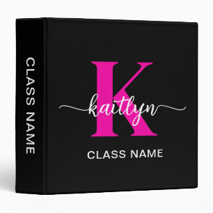 Black Hot Pink Monogram School Subject Binder
