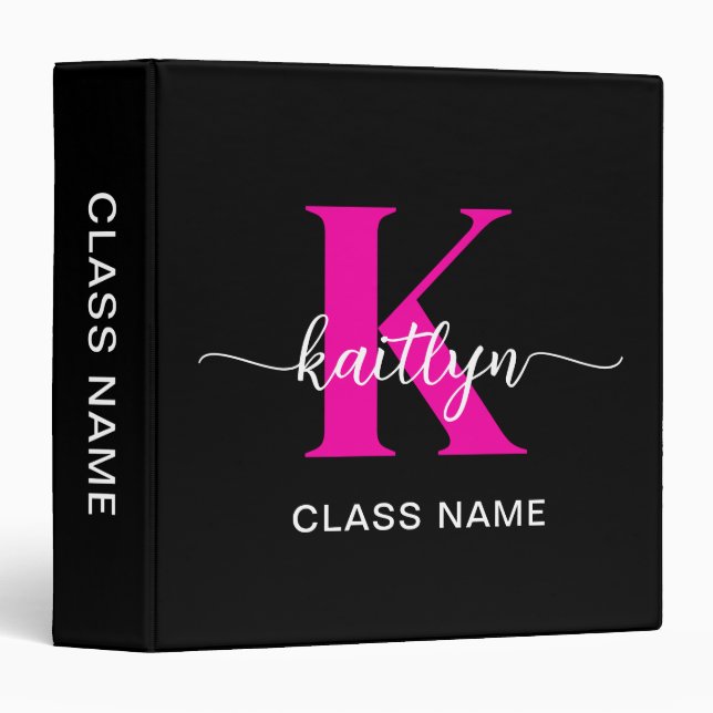Black Hot Pink Monogram School Subject Binder (Front/Spine)