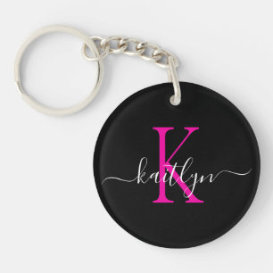 Black Hot Pink Name Initial Monogram Keychain