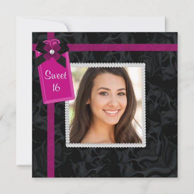 Black Hot Pink Photo Sweet 16 Birthday Party Invitation (Front)